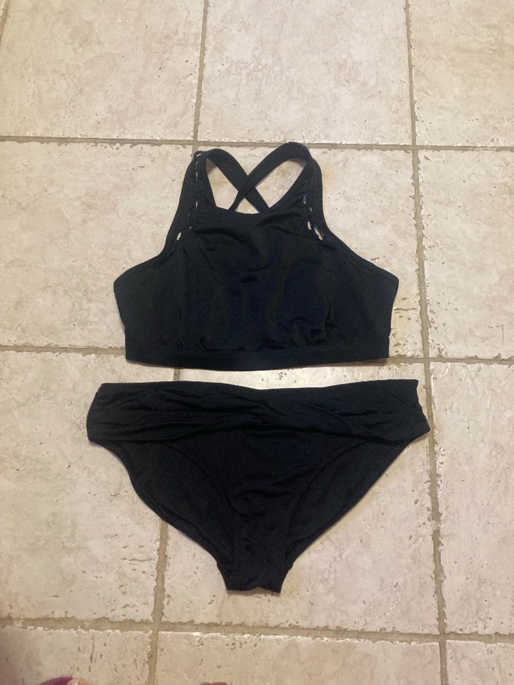 Athleta Black High Neck Loop Bikini top 36 D/DD Twist front Bikini Bottoms Large